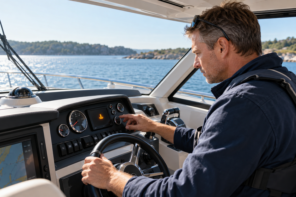 Boat operator checking an amber engine temperature warning at the helm