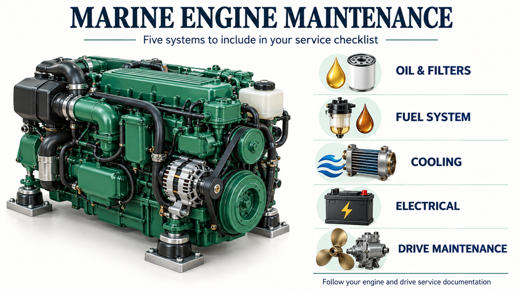 Marine engine illustration beside icons for oil fuel cooling electrical equipment and drive maintenance