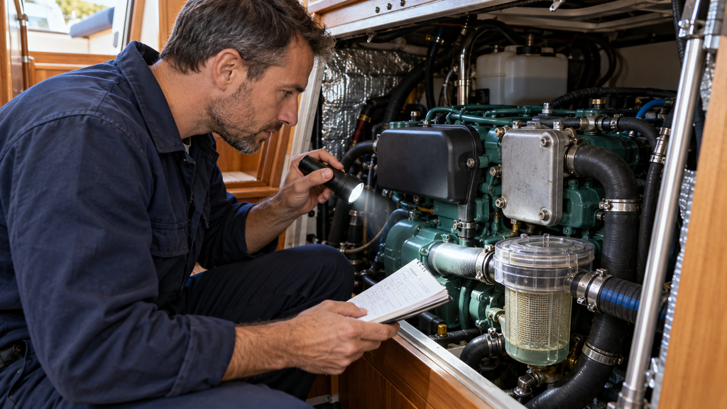 Marine technician inspecting an inboard diesel engine and seawater strainer with a flashlight